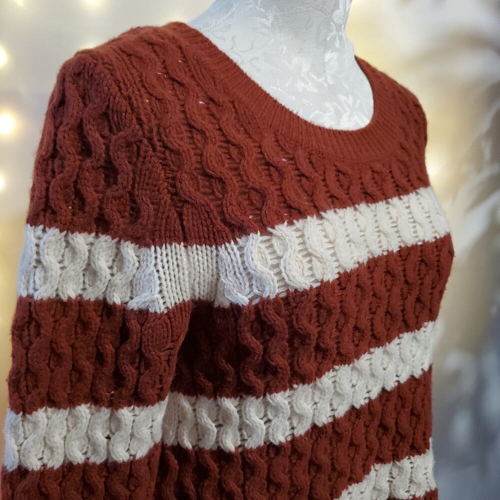 J. Crew 100% Merino Wool Striped Cable Knit Sweater Rust Orange White Women's XS - Picture 2 of 8